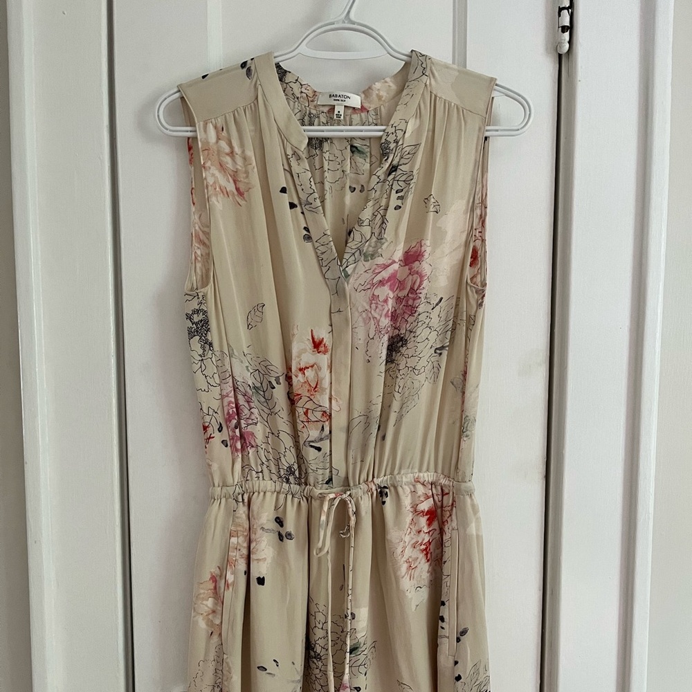 Floral /abstract silk dress with cinch tie at waist. Size Medium
